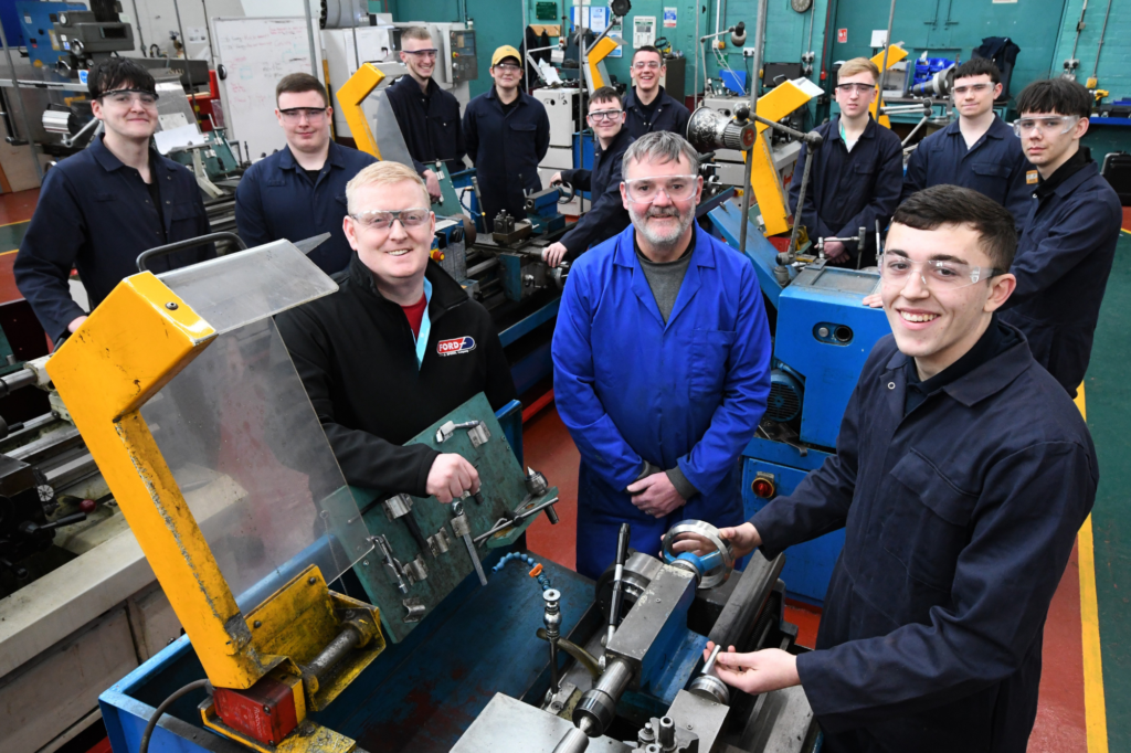 Apprentices at South Tyneside College with Mark Handysides, Team Leader - Ford Aerospace (centre left) and Chay Hobson, Lecturer - South Tyneside College (centre)